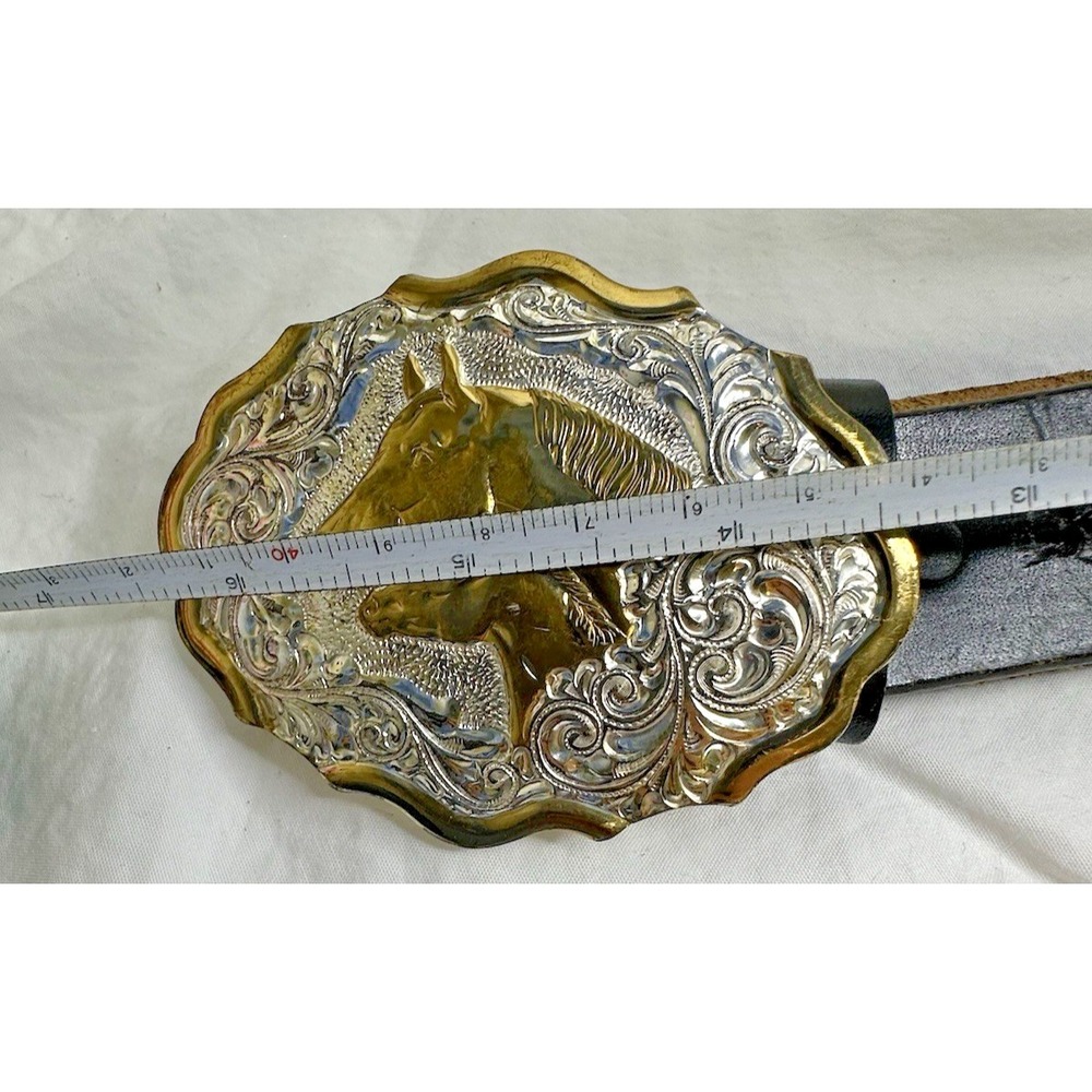 Crumrine Silver Plate Buckle Horse Mare Foal Two Tone Western Belt Black 26 - Picture 11 of 16